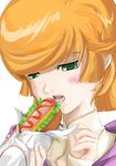  audrey_burne blush food green_eyes gundam gundam_unicorn highres hot_dog mineva_lao_zabi orange_hair short_hair 