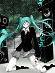  aqua_hair bandages bandaid blood bloody_nose grey_eyes hatsune_miku highres karlwolf kneeling long_hair necktie rolling_girl_(vocaloid) school_uniform skirt socks solo speaker twintails very_long_hair vocaloid 