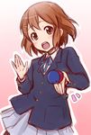  blazer brown_eyes brown_hair castanets face ha-ru hirasawa_yui instrument jacket k-on! open_mouth pantyhose round_teeth school_uniform short_hair solo teeth un_tan 