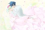  1girl blue_hair bridal_veil bride couple dress flower frills gloves happy heco_(rina) hetero highres holding multicolored_hair nia_teppelin pink_dress pink_wedding_dress simon tengen_toppa_gurren_lagann tuxedo two-tone_hair veil wedding wedding_dress 