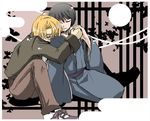  2boys 2guys america_(hetalia) axis_powers_hetalia blond blonde_hair glasses hand_holding hug jacket japan_(hetalia) lowres male male_focus multiple_boys purple_hair sitting yaoi 