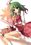  :o ascot blush closed_umbrella finger_to_face green_hair head_tilt kazami_yuuka kneehighs liya plaid plaid_skirt plaid_vest red_eyes sitting skirt skirt_set solo touhou umbrella vest white_legwear 