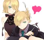  1girl aqua_eyes bad_id bad_pixiv_id blonde_hair brother_and_sister fork formal green_neckwear hair_over_one_eye heart kagamine_len kagamine_rin lace long_sleeves nail_polish necktie ribbon short_hair siblings simple_background sleeveless smile suit tamado_sao twins vocaloid yellow_nails 