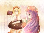  alice_margatroid book crescent cup drinking hairband hat multiple_girls munieru patchouli_knowledge table teacup touhou 