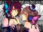  back banned_artist bare_back bare_shoulders blue_nails brown_hair butterfly_hair_ornament dress elbow_gloves gloves hair_ornament hat headset holding_hands magnet_(vocaloid) multiple_girls nail_art nail_polish niconico pink_nails purple_hair ria short_hair vocaloid yellow_eyes yuri 