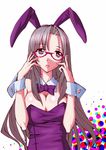  animal_ears breasts bunny_ears bunnysuit cleavage glasses large_breasts original purple_eyes silver_hair solo takamura_wamu 