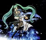  1girl aqua_eyes aqua_hair bad_id bad_pixiv_id blue_hair blue_scarf chain cuffs elbow_gloves fingerless_gloves gloves handcuffs hatsune_miku high_heels irono_(irtyu) kaito legs long_hair necktie scarf shoes skirt thighhighs twintails very_long_hair vocaloid zettai_ryouiki 