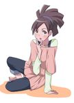  arm_support bad_id bad_pixiv_id barefoot brown_eyes brown_hair full_body hairband highres kaidan_restaurant makino_tomoyasu oozora_kazuyo ponytail simple_background sitting solo 