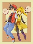  1girl :&gt; black_hair blonde_hair blush boots couple dress emoticon hat hetero holding_hands kuroneko_(0413) long_hair pantyhose pokemon pokemon_special ponytail red_(pokemon) spoken_blush spoken_face tabard turtleneck yellow_(pokemon) 