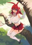  belt blue_eyes breasts cherry_blossoms covered_nipples detached_sleeves elf highres huge_breasts mugen_no_fantasia pointy_ears red_hair ryoji_(nomura_ryouji) sitting skirt solo thighhighs torn_clothes tree 