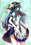  blue_hair food fruit hat hinanawi_tenshi long_hair nokishita peach red_eyes solo touhou 