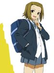  backpack bag brown_eyes brown_hair cowboy_shot forehead grey_skirt hairband hand_in_pocket hand_on_own_chin k-on! long_sleeves looking_at_viewer michael no_bangs open_mouth plaid plaid_skirt school_uniform skirt solo tainaka_ritsu 