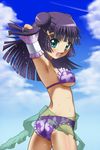  aqua_eyes armband armpits arms_behind_head ass awa back bikini breasts bug butterfly cloud day double_bun frilled_bikini frills from_behind green_sarong hair_ornament hairclip insect lilpri long_hair looking_back medium_breasts outdoors print_bikini purple_hair sarong sasahara_natsuki_(lilpri) see-through sky solo swimsuit translucent_sarong underboob wet 