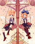  1girl amezawa_koma angel_wings bad_id bad_pixiv_id balance_scale blonde_hair blue_eyes bow brother_and_sister flower hair_bow hair_ribbon holding_hands kagamine_len kagamine_rin petals ribbon short_hair siblings sitting smile twins vocaloid weighing_scale wings 