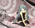  aqua_eyes aqua_hair bed chemise hair_ribbon hatsune_miku highres koruneiyu long_hair pillow ribbon romeo_to_cinderella_(vocaloid) sitting solo stuffed_animal stuffed_toy thighhighs twintails very_long_hair vocaloid wariza 