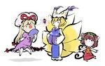  animal_ears bad_id bad_pixiv_id blonde_hair bow brown_hair cat_ears cat_tail chen chibi earrings elbow_gloves fox_tail gap gloves hair_bow hat jewelry long_hair multiple_girls multiple_tails ookami_(game) parody short_hair style_parody tail touhou ume_(noraneko) yakumo_ran yakumo_yukari 