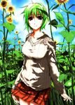  adapted_costume bad_id bad_pixiv_id breasts cloud contemporary day field flower flower_field green_hair highres kazami_yuuka large_breasts nature plaid plaid_skirt red_eyes short_hair skirt sky smile solo sumisi sunflower sweater touhou 