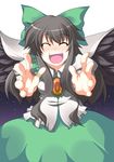  :d black_hair blush bow closed_eyes eyes foreshortening green_bow hair_bow happy incoming_hug kotepo long_hair open_mouth reiuji_utsuho smile solo touhou wings 