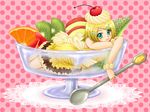  :3 apple aqua_eyes bad_id bad_pixiv_id barefoot blonde_hair bracelet cantaloupe cherry cherry_hair_ornament food food_as_clothes food_themed_clothes food_themed_hair_ornament fruit hair_ornament hairclip in_food jewelry kagamine_rin kiwifruit li_ling melon minigirl orange short_hair solo spoon treble_clef vocaloid 