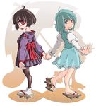  :p amputee ao_usagi black_hair blue_eyes blue_hair cyclops dual_persona full_body geta heterochromia holding_hands karakasa_obake monster_girl multiple_girls one-eyed pantyhose personification red_eyes sandals short_hair smile tatara_kogasa tatara_kogasa_(umbrella) tongue tongue_out touhou umbrella youkai 