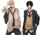  axis_powers_hetalia backpack bag bambino black_eyes black_hair blonde_hair casual green_eyes holding_hands japan_(hetalia) male_focus multiple_boys necktie united_kingdom_(hetalia) 