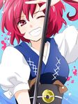  grin machiko_(beard) one_eye_closed onozuka_komachi red_hair smile solo touhou 