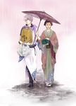  1girl brown_hair gintama hadanugi_dousa highres holding holding_umbrella japanese_clothes kimono long_sleeves nijita old_woman oriental_umbrella otose rain sakata_gintoki shared_umbrella short_sleeves umbrella white_hair 