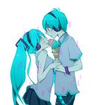  1girl aqua_eyes aqua_hair dual_persona eye_contact food genderswap genderswap_(ftm) hatsune_miku hatsune_mikuo height_difference ice_cream ice_cream_cone long_hair looking_at_another meno nail_polish profile sideways_mouth skirt very_long_hair vocaloid 