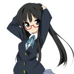  adjusting_hair akiyama_mio alternate_hairstyle bespectacled black_hair blue_eyes glasses hair_up k-on! long_hair nodoka_glasses ponytail red-framed_eyewear school_uniform semi-rimless_eyewear smile solo takeya_yuuki under-rim_eyewear 