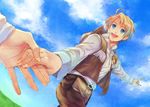  america_(hetalia) axis_powers_hetalia bad_id bad_pixiv_id blonde_hair blue_eyes day hands holding_hands male_focus open_mouth out_of_frame pointing sky solo_focus yousan 