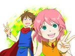  1boy 1girl blue_eyes brown_hair butz_klauser cape couple female final_fantasy final_fantasy_v green_eyes lenna_charlotte_tycoon male open_mouth pekamatu pink_hair short_hair v wristband 