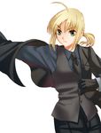  ahoge aqua_eyes artoria_pendragon_(all) black_gloves blazer blonde_hair fate/zero fate_(series) formal gloves jacket mgk968 necktie pant_suit ponytail saber solo suit vest waistcoat 