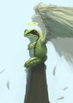  angel anigon black_eyes crossed_arms digital_painting_(art) feather feral frog full-length_portrait halo looking_at_viewer non-anthro side_view sitting solo white_feathers wings 