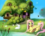  arthropod blue_eyes butterflies butterfly equine female feral fluttershy_(mlp) friendship_is_magic hair horse house insect kawaiipiepie lagomorph magpie_(artist) mammal my_little_pony pegasus pink_hair pony rabbit river wings 