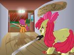  amber_eyes apple_bloom_(mlp) applebloom_(mlp) blood cloud clouds cub english_text equine female feral foal friendship_is_magic grass hair hi_res horse mammal my_little_pony parallaxmlp pegasus pony purple_eyes purple_hair rain red_hair scootaloo_(mlp) sword text weapon wings young 