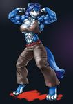  abs anthro biceps big_breasts blue blue_body breasts canine female hair hopey long_hair looking_at_viewer mammal muscles muscular_female pokkuti pose solo standing tail wolf wolfess 