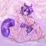  aura_moser auradeva chubby fat female flower fur geisha japanese_clothing kimono mammal overweight parasol purple purple_fur raccoon shina shina_(daigo) solo umbrella 