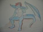  blue cl dragon kadido male mohawk nude scalie scratching sitting solo tail traditional_media wings yellow_eyes 