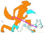  anthro blue blue_markings canine coyote doggy_position doggystyle duo female from_behind fur leash male mammal markings neechee orange orange_fur plain_background sex straight white white_background white_fur wolf 