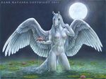  anthro breasts dark_natasha equine female fur horse hybrid mammal moon night nipples nude outside pegasus pussy solo water water_lily wet white white_feathers white_fur wings 