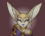  amber_eyes ankh big_ears birthmark black_nose brown_background canine clothing collar cute ear_piercing earring egyptian fennec fox front gradient_background hairless jaspian looking_at_viewer male mammal piercing plain_background portrait smile solo theblackrook travarisrhade 