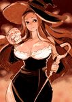  bad_id bad_pixiv_id bare_shoulders breasts dragon's_crown dress hat hounori large_breasts long_hair monochrome skull solo sorceress_(dragon's_crown) staff strapless strapless_dress witch_hat 