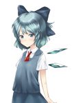  blue_eyes blue_hair bow cirno hair_bow kuze short_hair simple_background solo touhou wings 