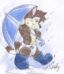  anthro brown_fur canine cub cute daww diaper fur looking_down male mammal no_background pin plain_background puddle rain rubber_boots safe safety_pin side_view simple_background smile solo spiffy_fox_kili tail umbrella walking water wet white_background young 