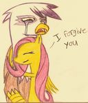  duo equine female feral fluttershy_(mlp) forgiveness friendship_is_magic gilda_(mlp) green_eyes gryphon hair hug mammal my_little_pony pegasus pink_hair tears unknown_artist wings 