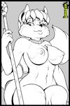  breasts canine daxzor female fox hair jewelry krystal line_art looking_at_viewer mammal monochrome navel necklace nintendo nipples nude polearm sitting solo spot_color staff star_fox tail video_games 