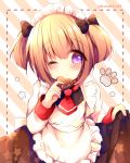  1girl ;o alternate_costume apron azur_lane bangs black_bow blush bow brown_dress chocolate chocolate_heart commentary_request diagonal-striped_background diagonal_stripes dotted_line dress enmaided eyebrows_visible_through_hair fingernails food frilled_apron frills hair_between_eyes hair_bow haru_ichigo heart holding holding_food long_sleeves looking_at_viewer maid maid_apron maid_headdress norfolk_(azur_lane) one_eye_closed parted_lips purple_eyes red_neckwear shirt sidelocks skirt_hold sleeveless sleeveless_dress solo star striped striped_background twitter_username two_side_up white_apron white_shirt 