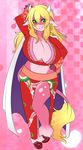  &hearts; big_breasts blonde_hair blush boa_hancock bovine breasts cape cattle clothing cosplay cow ear_piercing earring female green_eyes hair hand_on_hip horn horns japanese_clothing kimono looking_at_viewer mammal piercing pose raised_arm ruby ruby_(rubyluvcow) rubyluvcow shoes solo spazzykoneko tail 