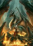  detailed_background dragon female feral horn horns human kerem_beyit lava looking_at_viewer mammal non-anthro polearm rocks scalie staff standing weapon wings 