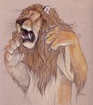  cara_mitten claws feline hair ironfeathers lion male mammal open_mouth scared solo teeth toony yellow_eyes 
